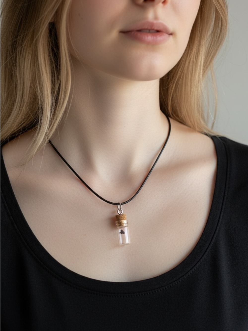 10/15  Mustard Seed Black Cord Necklace with Gold Cork Vial Pendant